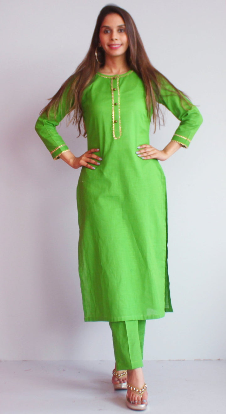 anokherang Combos XS Freedom Green Straight Kurti with Green Straight Pants and Orange Embroidered Dupatta