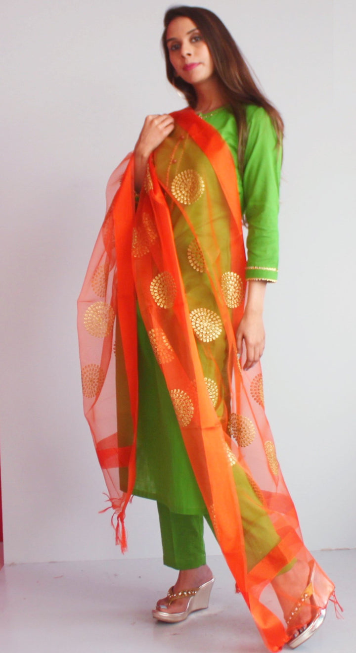 anokherang Combos XS Freedom Green Straight Kurti with Green Straight Pants and Orange Embroidered Dupatta