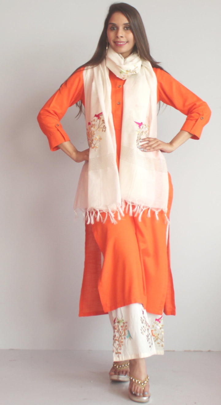 anokherang Combos XS Freedom Orange Straight Kurti with Birds Embroidered Palazzo and Off-white Birds Dupatt