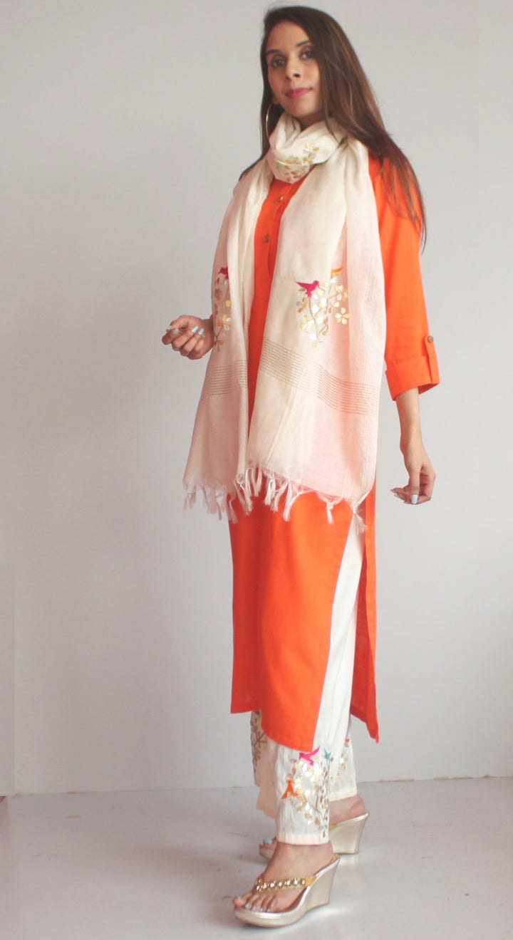 anokherang Combos XS Freedom Orange Straight Kurti with Birds Embroidered Palazzo and Off-white Birds Dupatt