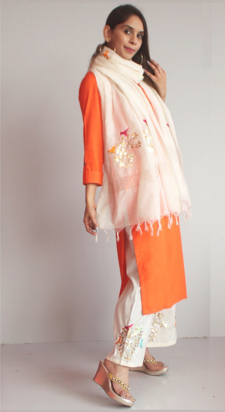 anokherang Combos XS Freedom Orange Straight Kurti with Birds Embroidered Palazzo and Off-white Birds Dupatt