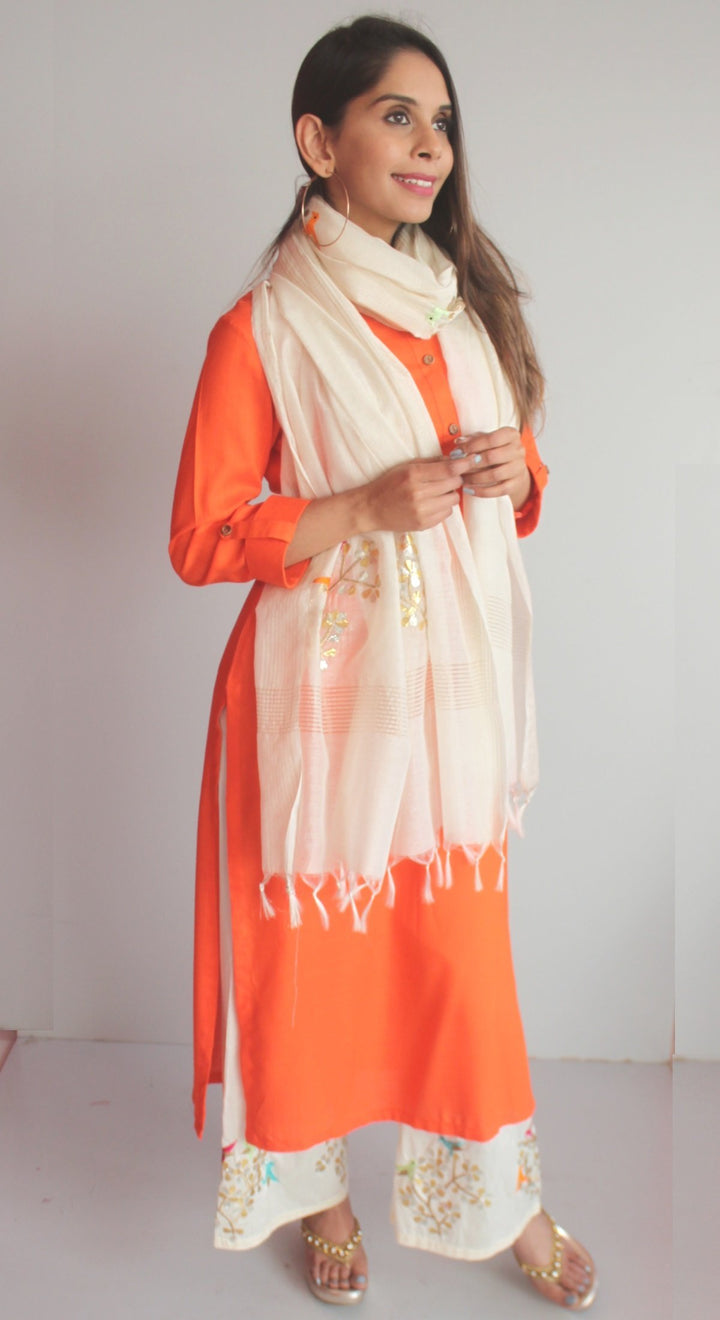 anokherang Combos XS Freedom Orange Straight Kurti with Birds Embroidered Palazzo and Off-white Birds Dupatt