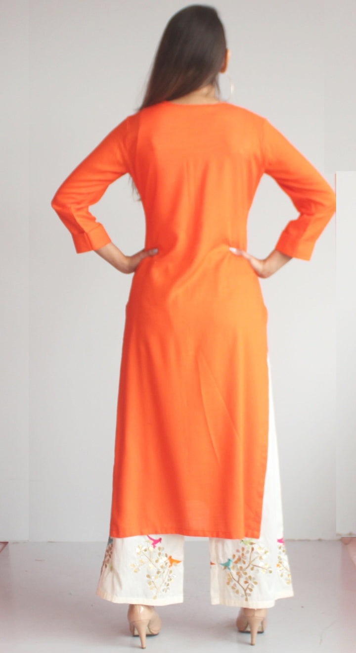 anokherang Combos XS Freedom Orange Straight Kurti with Birds Embroidered Palazzo and Off-white Birds Dupatta