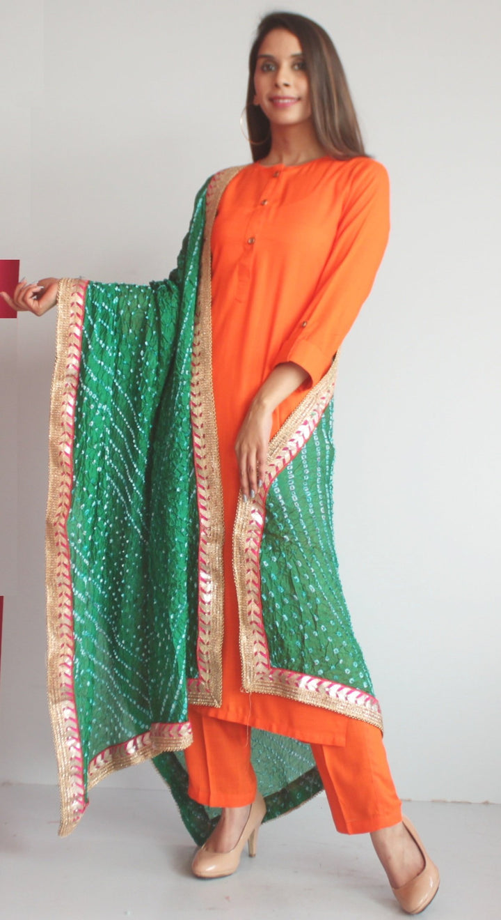 anokherang Combos XS Freedom Orange Straight Kurti with Straight Pants and Green Bandhani Dupatta
