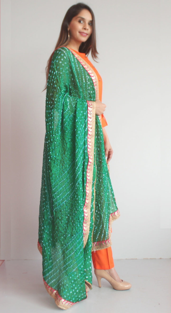 anokherang Combos XS Freedom Orange Straight Kurti with Straight Pants and Green Bandhani Dupatta