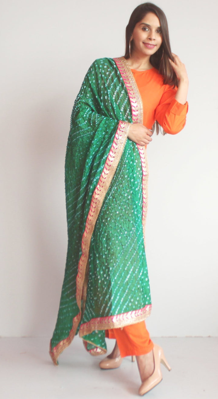 anokherang Combos XS Freedom Orange Straight Kurti with Straight Pants and Green Bandhani Dupatta