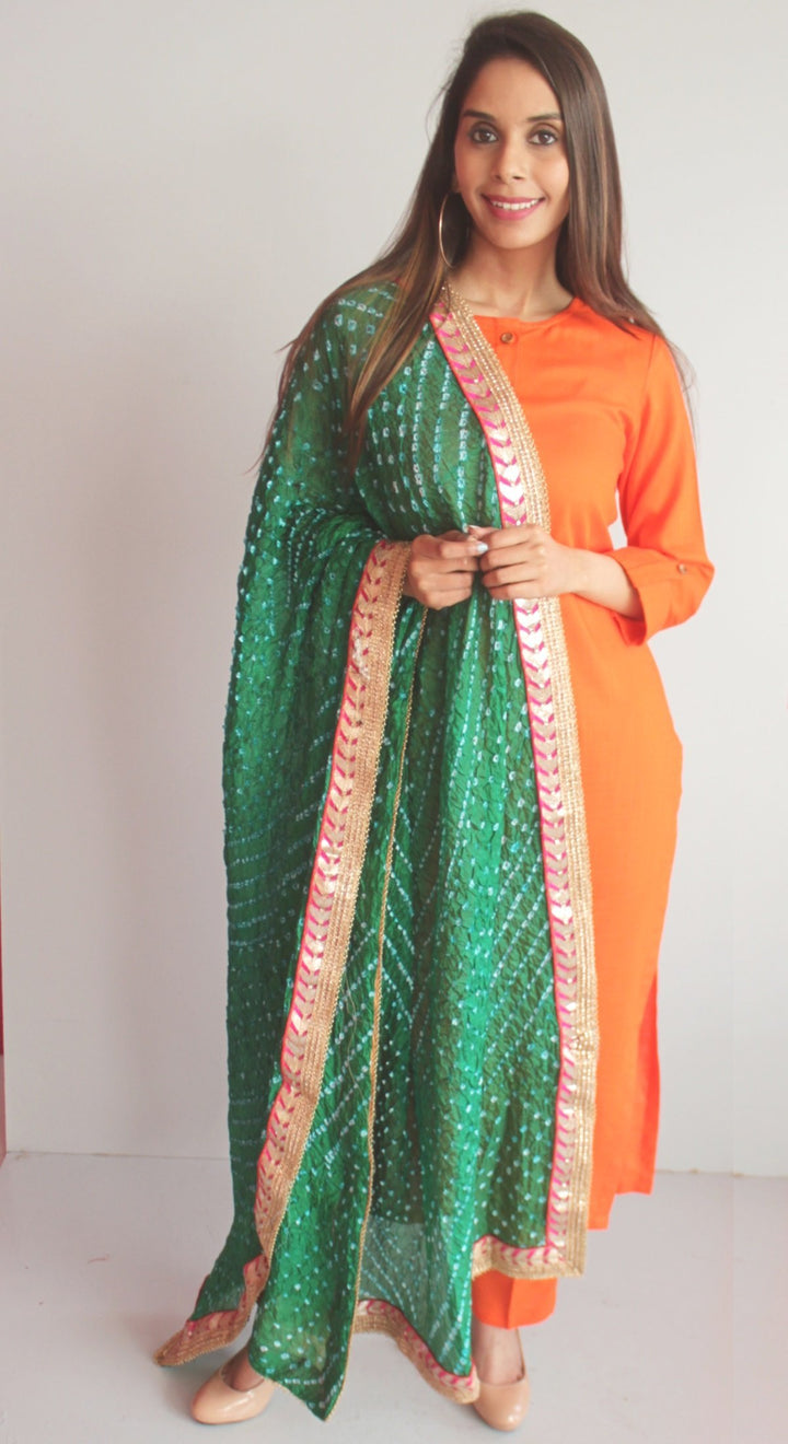 anokherang Combos XS Freedom Orange Straight Kurti with Straight Pants and Green Bandhani Dupatta