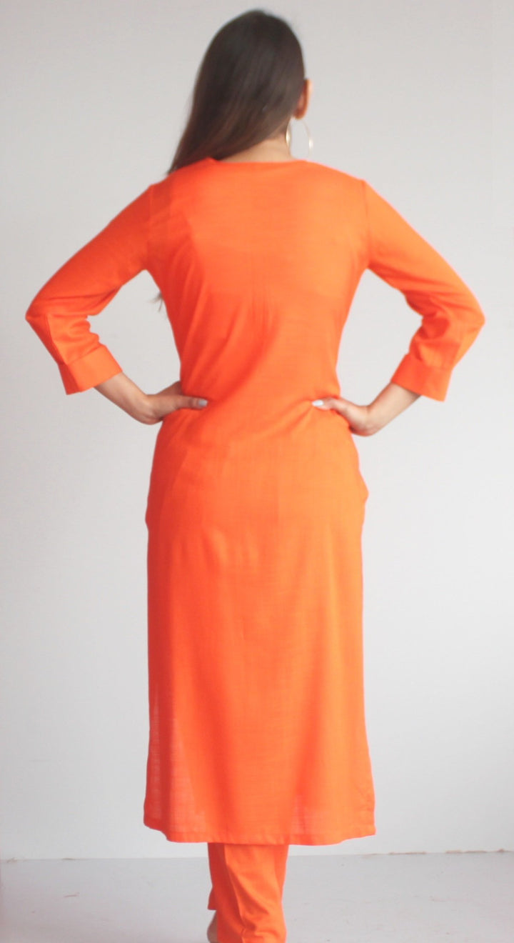 anokherang Combos XS Freedom Orange Straight Kurti with Straight Pants and Green Bandhani Dupatta