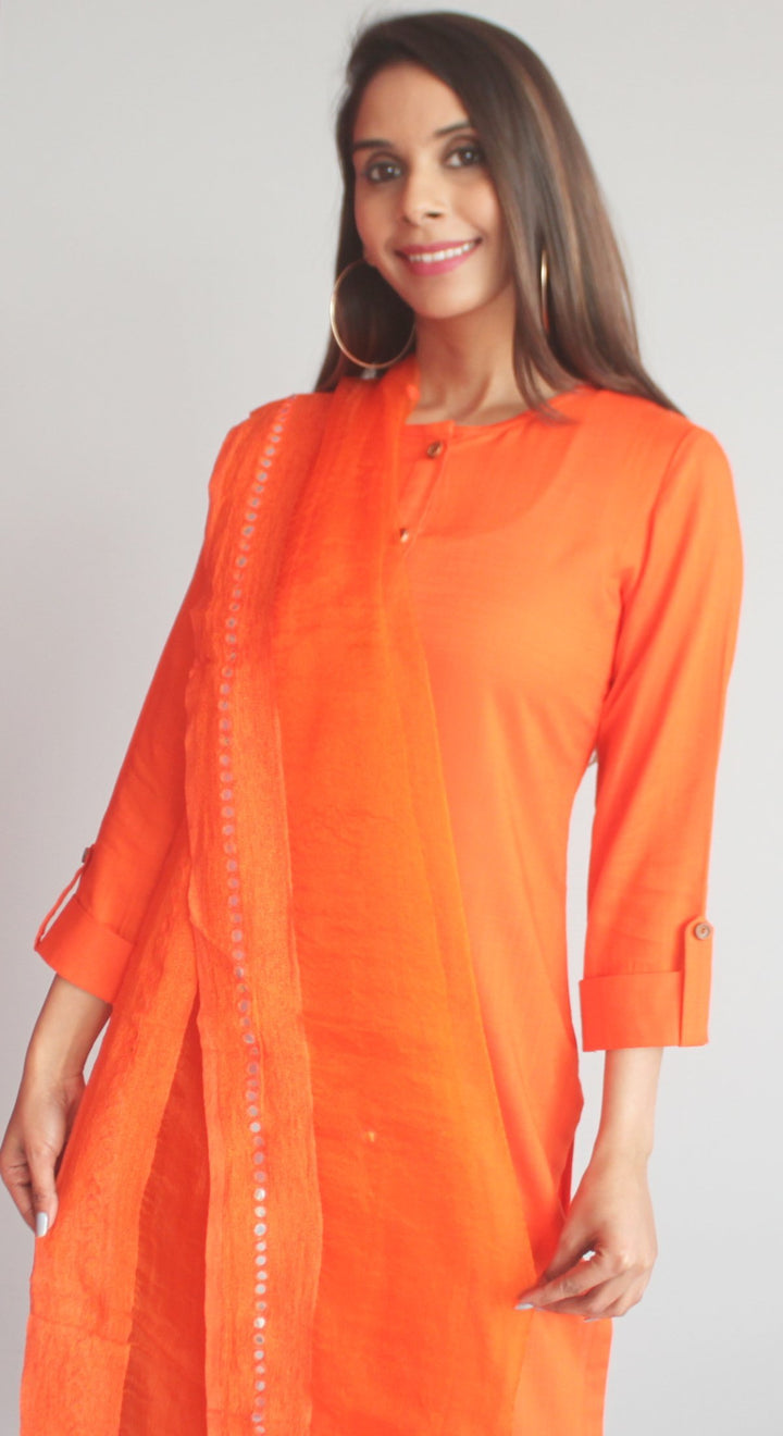 anokherang Combos XS Freedom Orange Straight Kurti with Straight Pants and Orange Mirror Dupatta