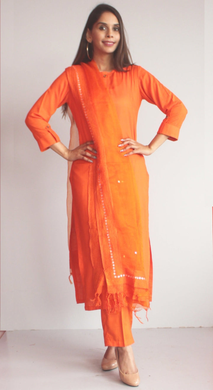 anokherang Combos XS Freedom Orange Straight Kurti with Straight Pants and Orange Mirror Dupatta