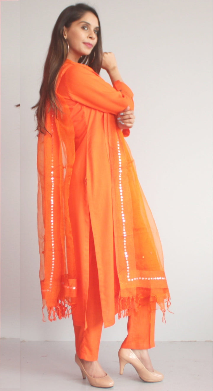 anokherang Combos XS Freedom Orange Straight Kurti with Straight Pants and Orange Mirror Dupatta