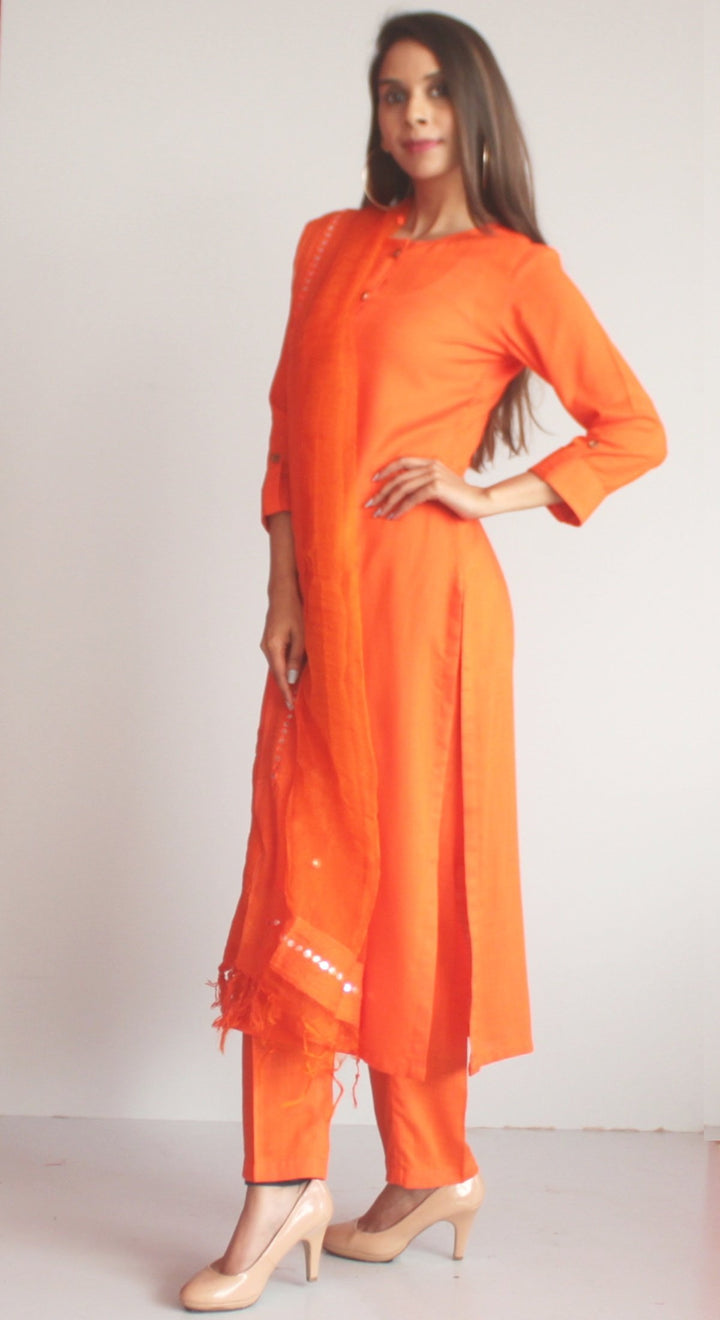 anokherang Combos XS Freedom Orange Straight Kurti with Straight Pants and Orange Mirror Dupatta
