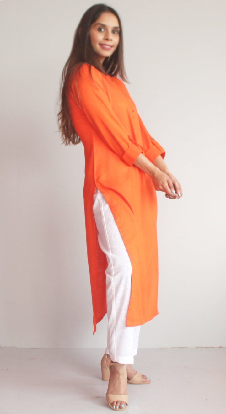 anokherang Combos XS Freedom Orange Straight Kurti with White Straight Pants