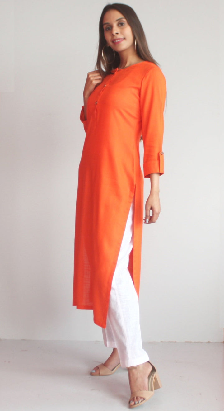 anokherang Combos XS Freedom Orange Straight Kurti with White Straight Pants
