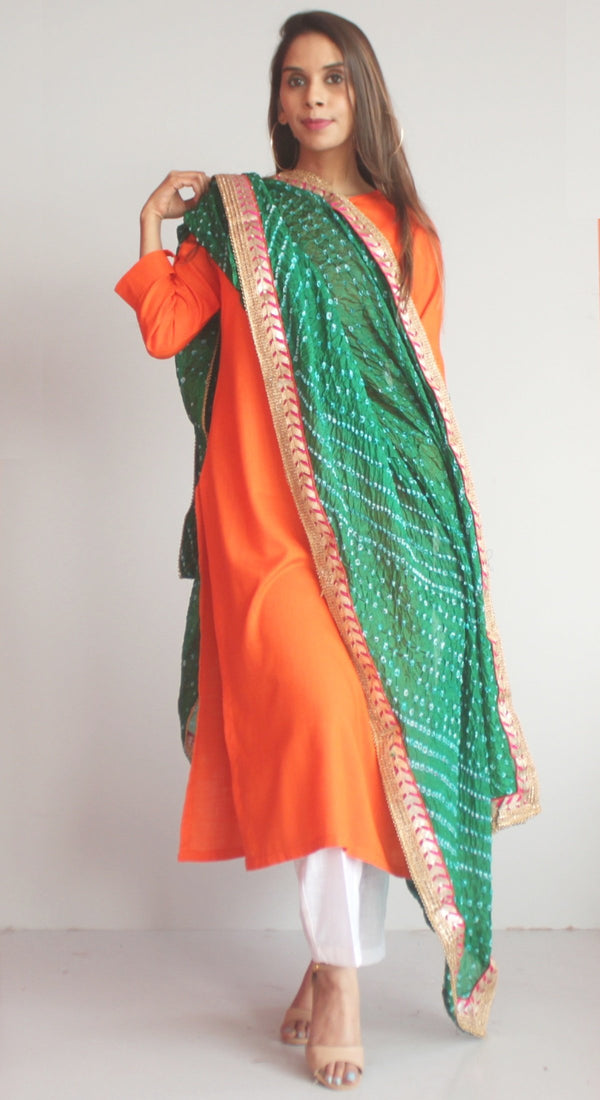 anokherang Combos XS Freedom Orange Straight Kurti with White Straight Pants and Green Bandhani Dupatta