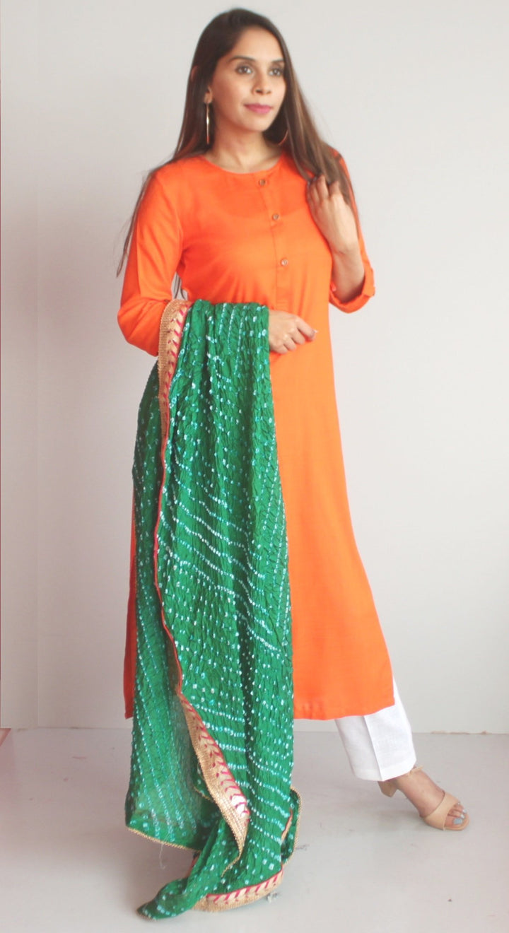 anokherang Combos XS Freedom Orange Straight Kurti with White Straight Pants and Green Bandhani Dupatta