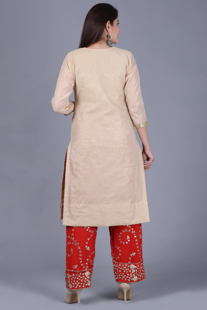 anokherang Combos XS Gold Gotta Straight Kurti with Red Gotta Embroidered Palazzo and Red Gotta Trails Embroidered Dupatta