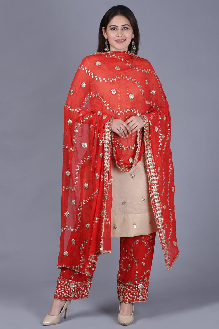 anokherang Combos XS Gold Gotta Straight Kurti with Red Gotta Embroidered Palazzo and Red Gotta Trails Embroidered Dupatta