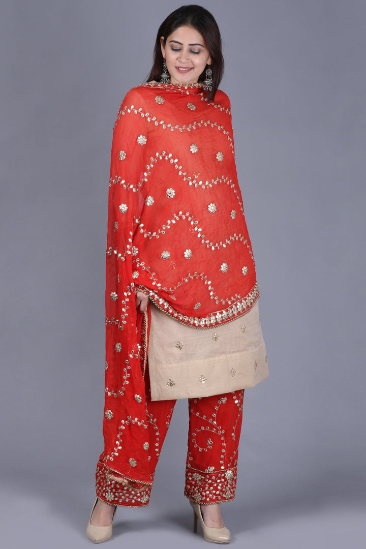 anokherang Combos XS Gold Gotta Straight Kurti with Red Gotta Embroidered Palazzo and Red Gotta Trails Embroidered Dupatta