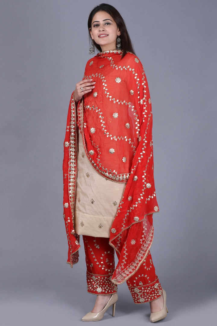 anokherang Combos XS Gold Gotta Straight Kurti with Red Gotta Embroidered Palazzo and Red Gotta Trails Embroidered Dupatta