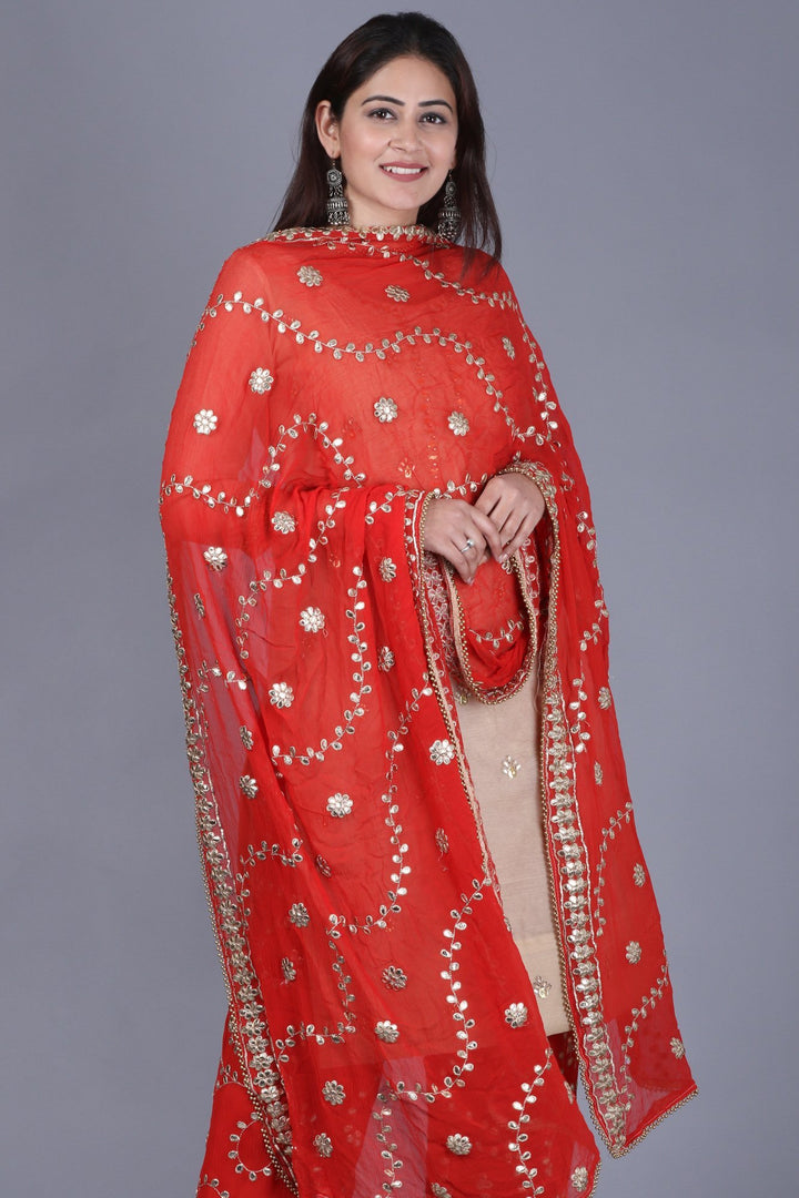 anokherang Combos XS Gold Gotta Straight Kurti with Red Gotta Embroidered Palazzo and Red Gotta Trails Embroidered Dupatta