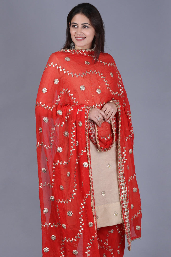 anokherang Combos XS Gold Gotta Straight Kurti with Red Gotta Embroidered Palazzo and Red Gotta Trails Embroidered Dupatta