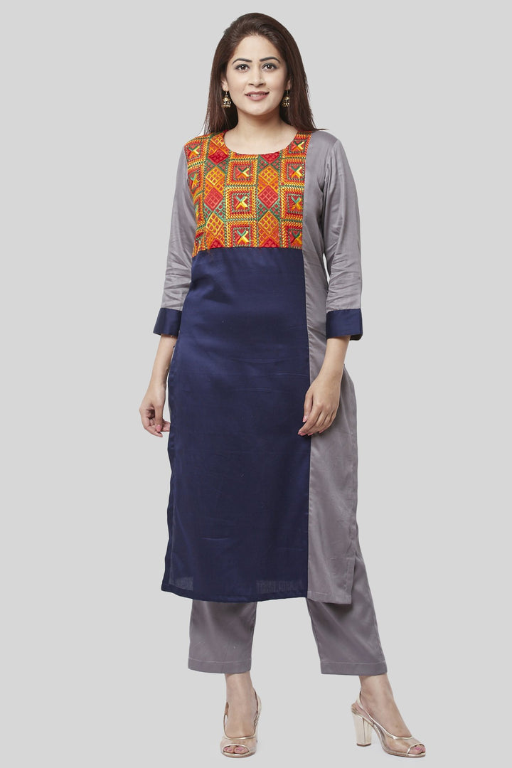 anokherang Combos XS Gray Blue Phulkari Bagh Straight Kurti with Straight Pants