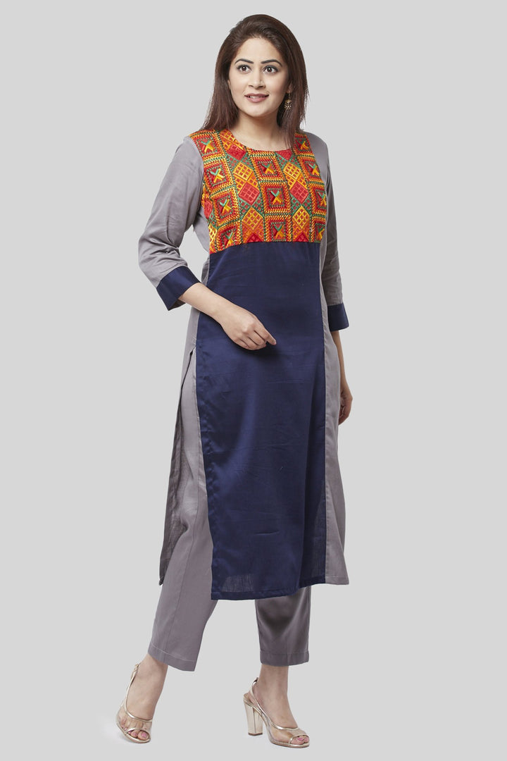 anokherang Combos XS Gray Blue Phulkari Bagh Straight Kurti with Straight Pants