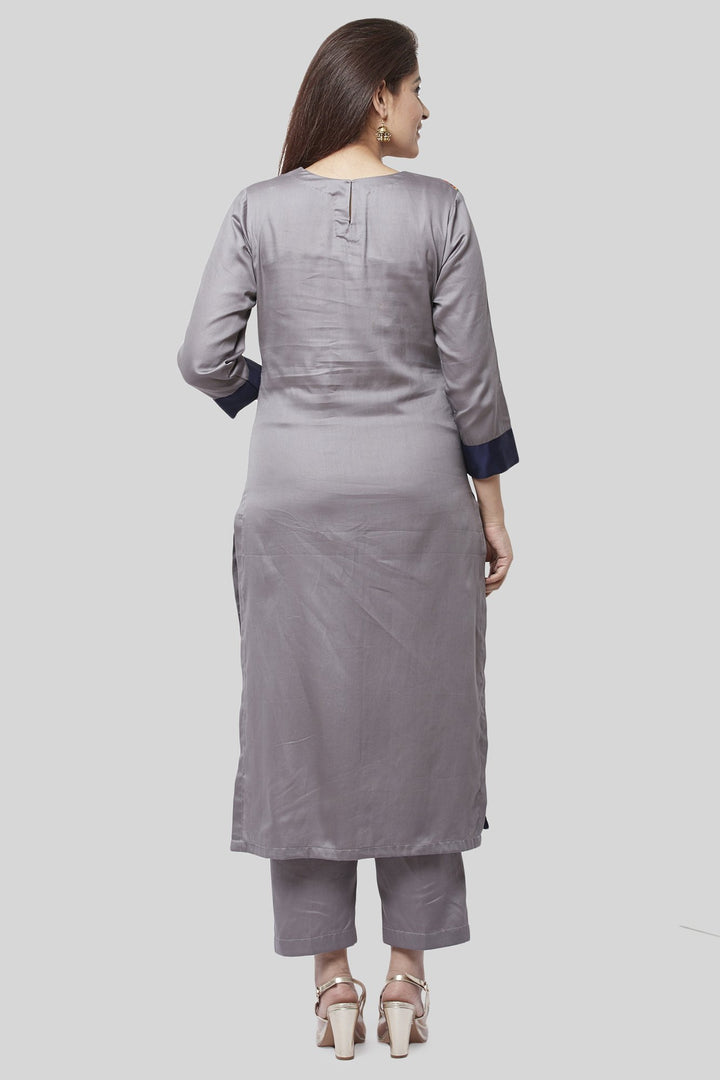 anokherang Combos XS Gray Blue Phulkari Bagh Straight Kurti with Straight Pants