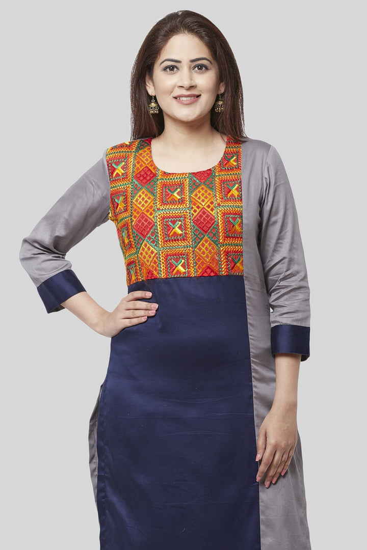 anokherang Combos XS Gray Blue Phulkari Bagh Straight Kurti with Straight Pants