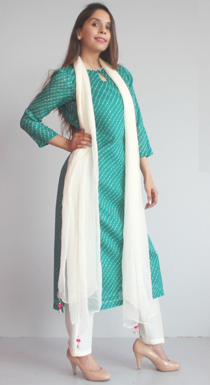 anokherang Combos XS Green Kota Leheriya Kurti with Straight Pants and OffWhite Chiffon Dupatta