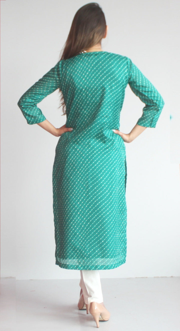 anokherang Combos XS Green Kota Leheriya Kurti with Straight Pants and OffWhite Chiffon Dupatta