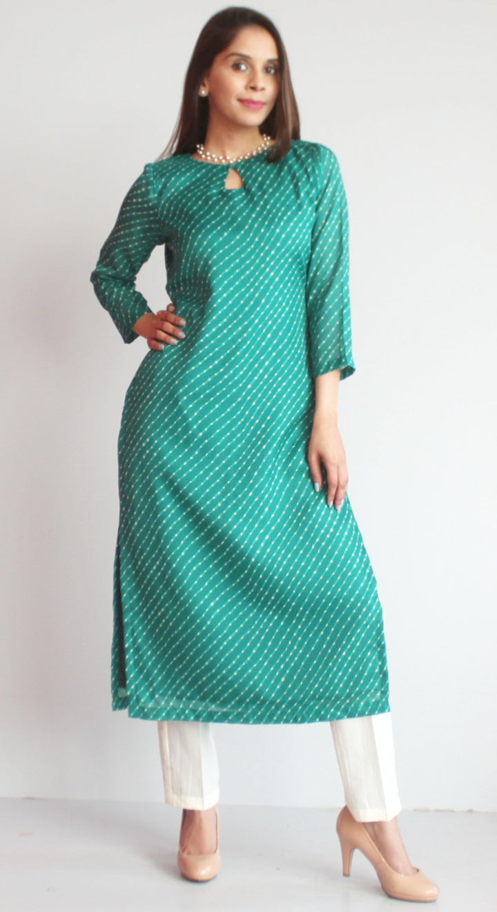 anokherang Combos XS Green Kota Leheriya Kurti with Straight Pants and OffWhite Chiffon Dupatta