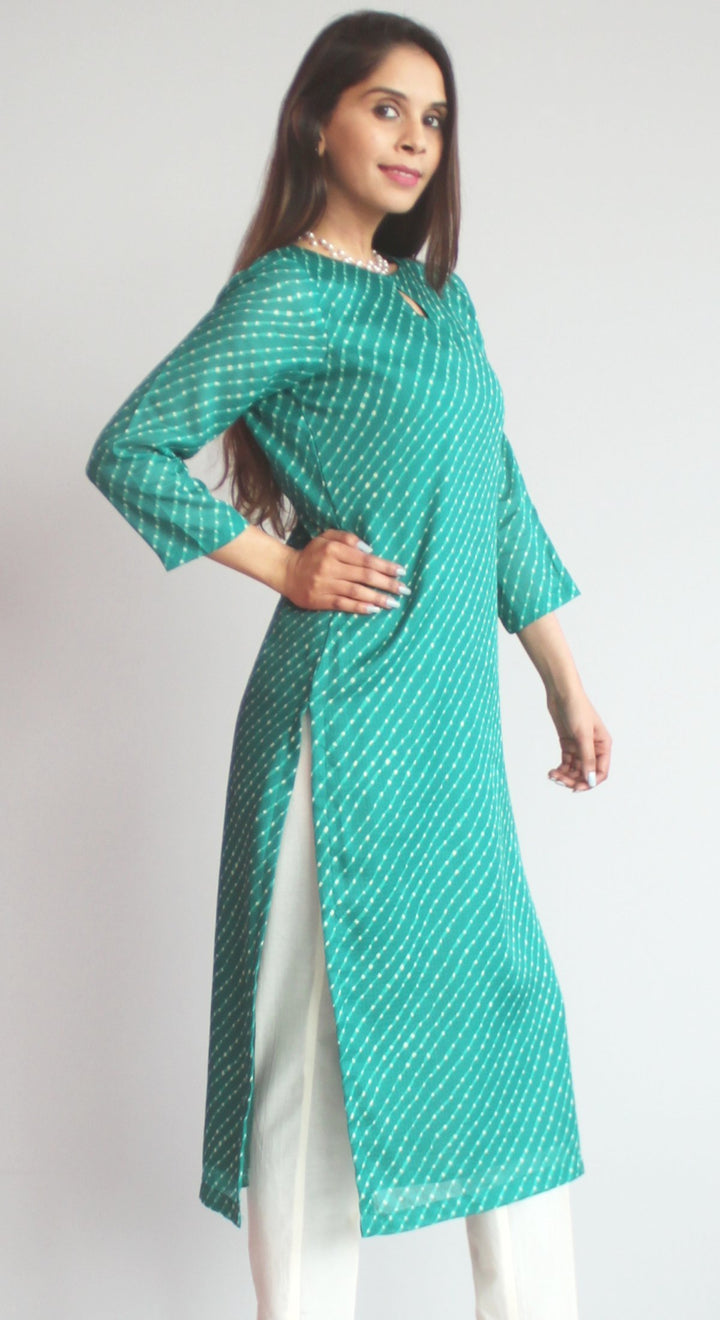 anokherang Combos XS Green Kota Leheriya Straight Kurti with Pants