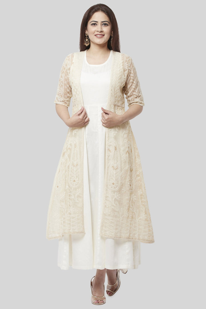 anokherang Combos XS Haze Gold Chanderi Embroidered Jacket Dress with Off-White Floor Length