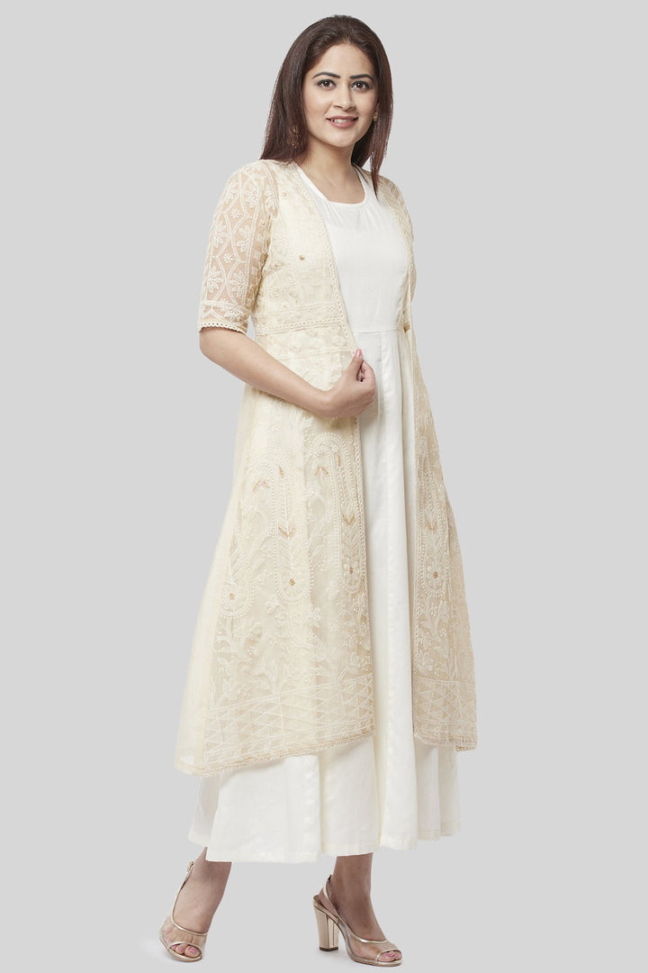 anokherang Combos XS Haze Gold Chanderi Embroidered Jacket Dress with Off-White Floor Length