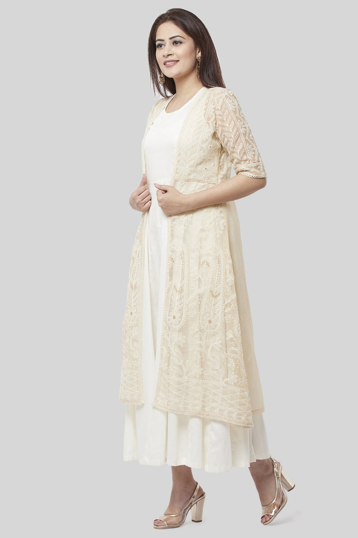 anokherang Combos XS Haze Gold Chanderi Embroidered Jacket Dress with Off-White Floor Length