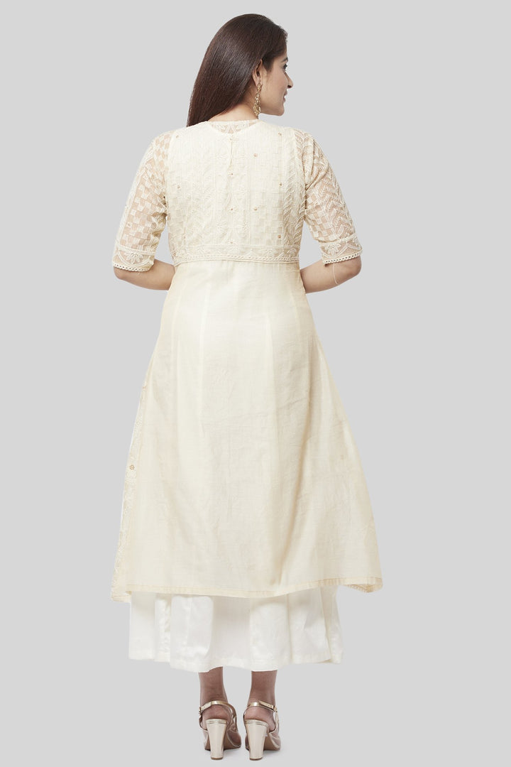 anokherang Combos XS Haze Gold Chanderi Embroidered Jacket Dress with Off-White Floor Length
