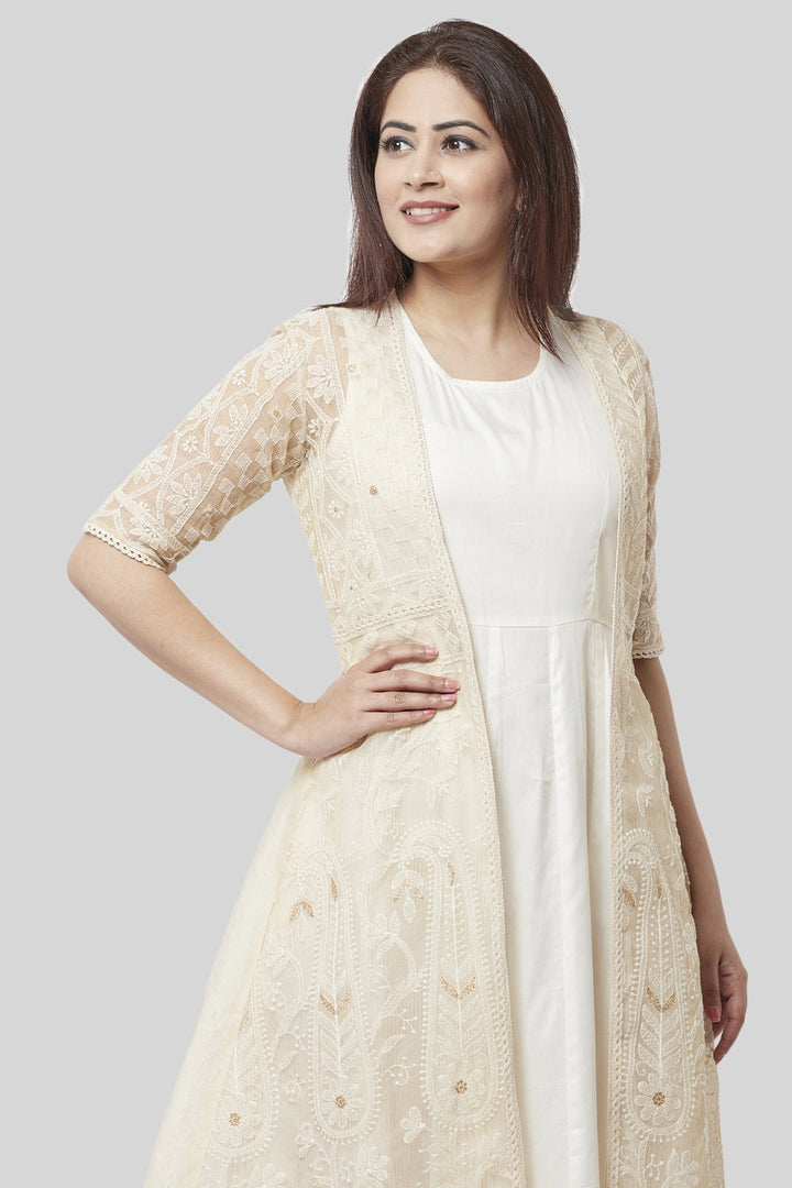 anokherang Combos XS Haze Gold Chanderi Embroidered Jacket Dress with Off-White Floor Length