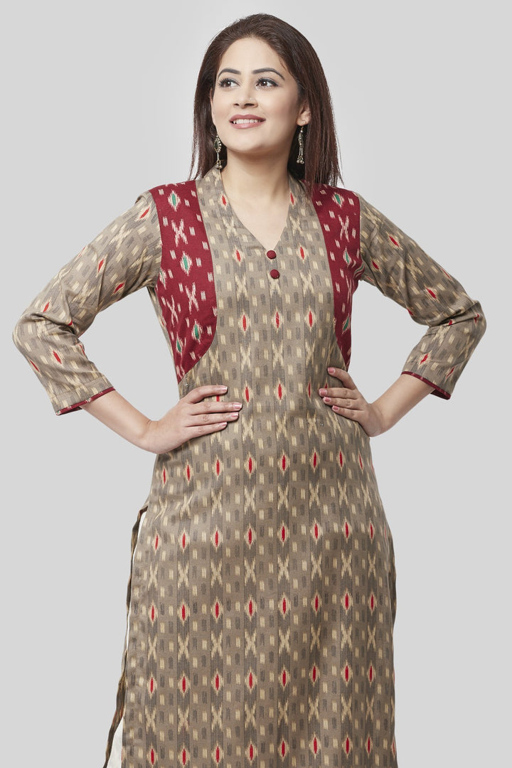 anokherang Combos XS Ikkat Jacket Style Printed Kurti with Straight Self Handloom Palazzo