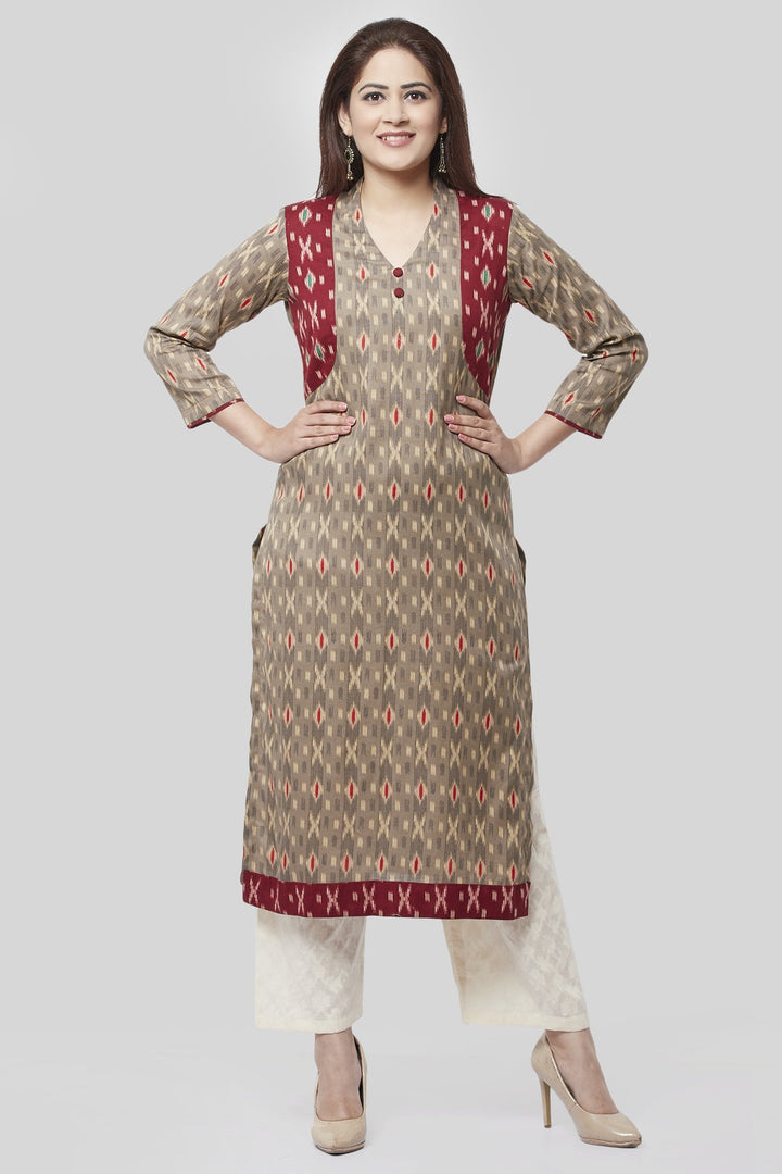 anokherang Combos XS Ikkat Jacket Style Printed Kurti with Straight Self Handloom Palazzo