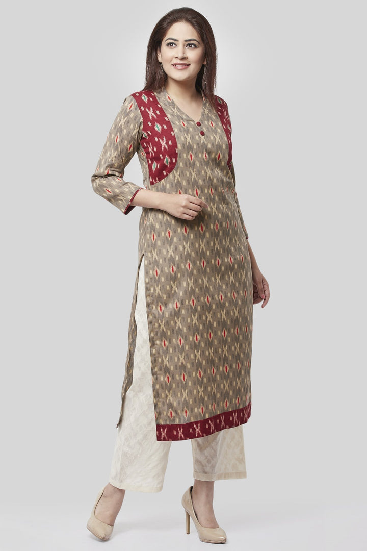 anokherang Combos XS Ikkat Jacket Style Printed Kurti with Straight Self Handloom Palazzo