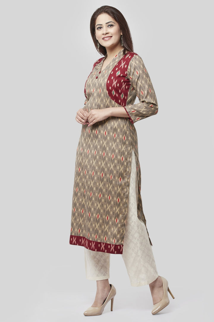 anokherang Combos XS Ikkat Jacket Style Printed Kurti with Straight Self Handloom Palazzo