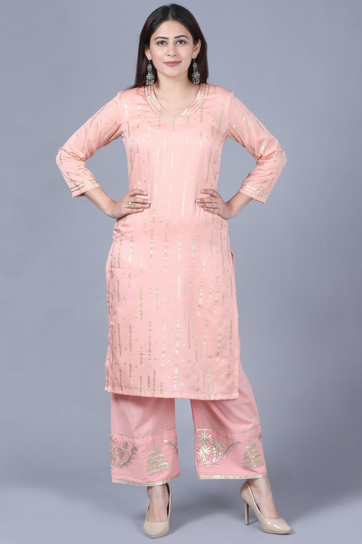 anokherang Combos XS Imperial Peach Foil Printed Straight Kurti with Straight Palazzos