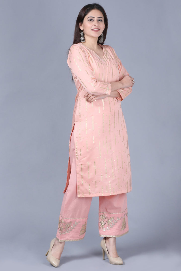 anokherang Combos XS Imperial Peach Foil Printed Straight Kurti with Straight Palazzos