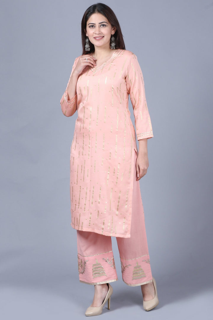 anokherang Combos XS Imperial Peach Foil Printed Straight Kurti with Straight Palazzos