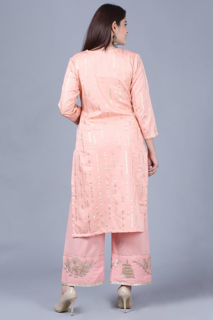 anokherang Combos XS Imperial Peach Foil Printed Straight Kurti with Straight Palazzos and Gotta Embroidered Dupatta