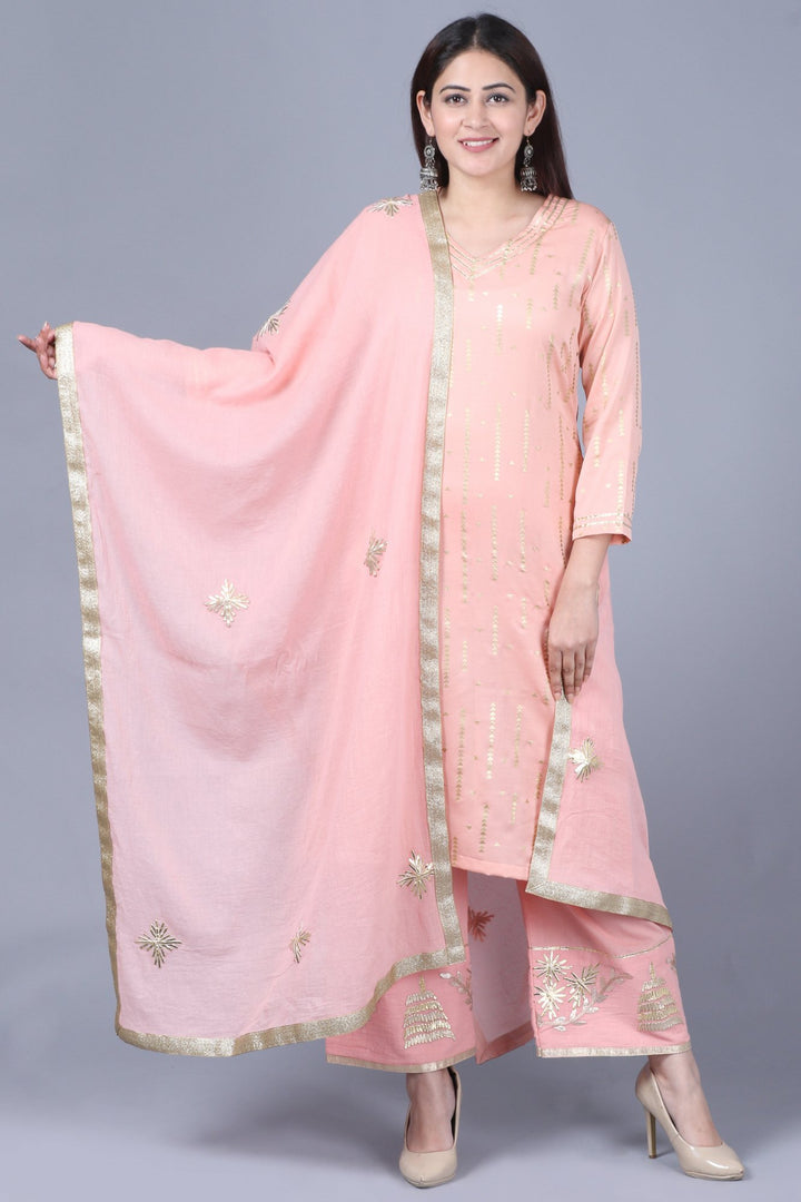 anokherang Combos XS Imperial Peach Foil Printed Straight Kurti with Straight Palazzos and Gotta Embroidered Dupatta