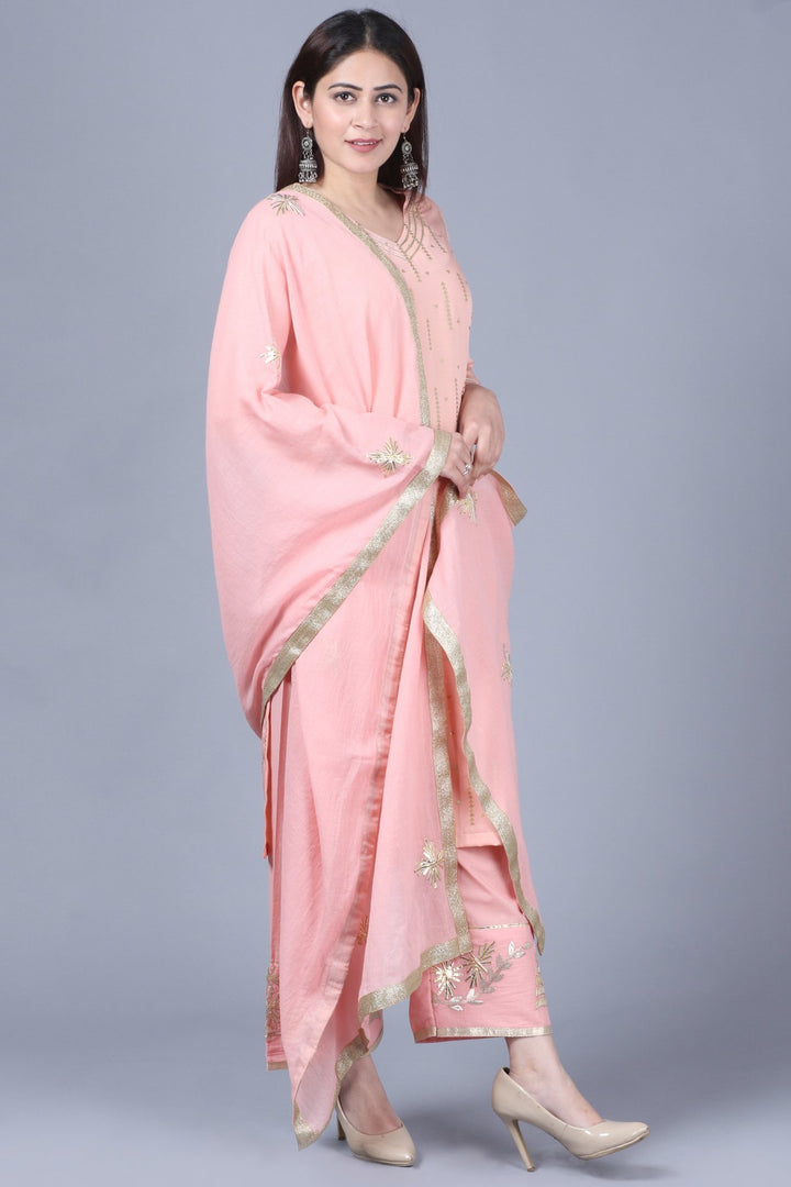 anokherang Combos XS Imperial Peach Foil Printed Straight Kurti with Straight Palazzos and Gotta Embroidered Dupatta
