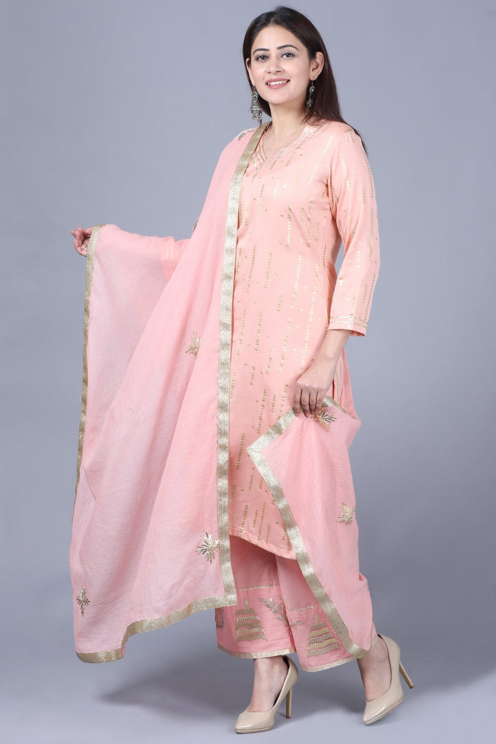 anokherang Combos XS Imperial Peach Foil Printed Straight Kurti with Straight Palazzos and Gotta Embroidered Dupatta